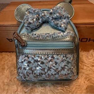 Disney Parks Loungefly Arendelle Aqua sequined Minnie Mouse mini wristlet bag